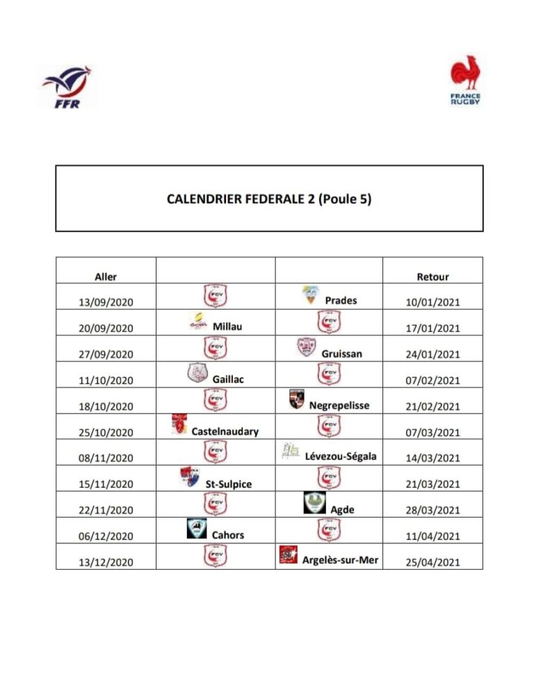 Calendrier Fédérale 2 FCV Rugby